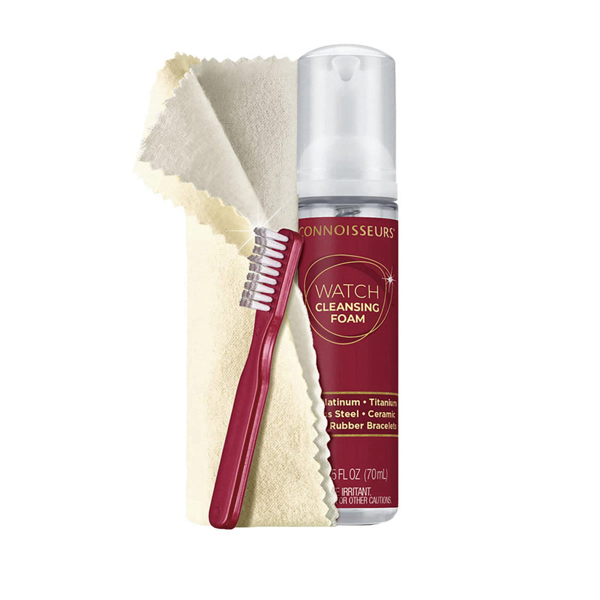 Connoisseurs 3-Piece Watch Cleaning Kit with Foam Cleanser, Brush and Cloth – alternate angle