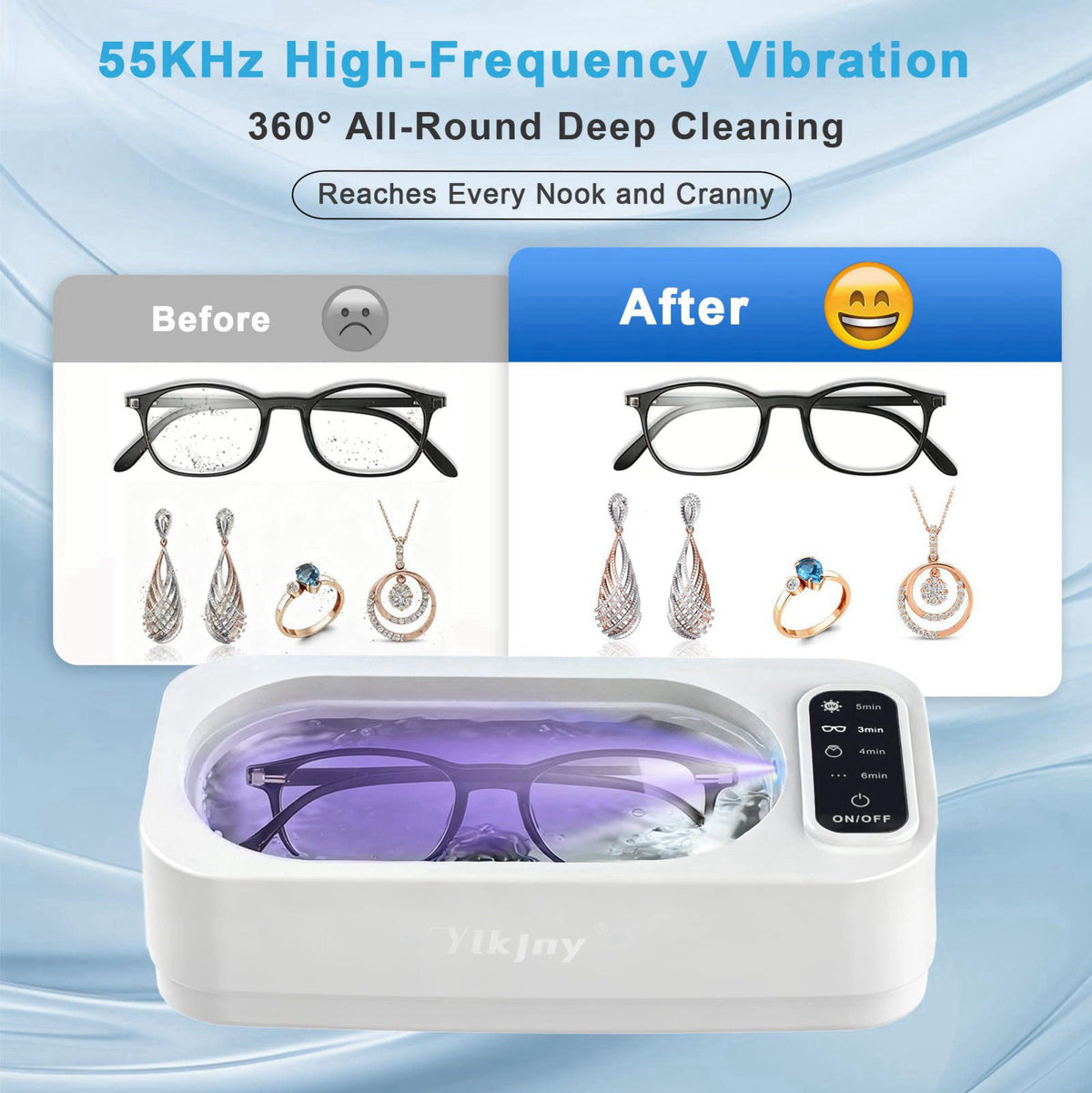 ylkjny 55KHz Ultrasonic Jewelry Cleaner for Jewelry, Eyeglasses& Watches – packaging and label