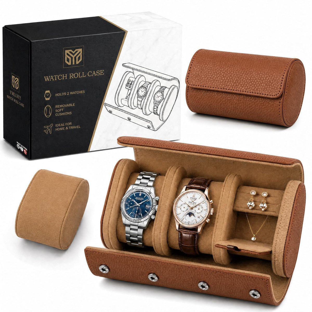 YMluky Travel Watch Cases, 2 Watch Slots Jewelry Box for Ring Necklace – Brown, Faux Leather, Velvet