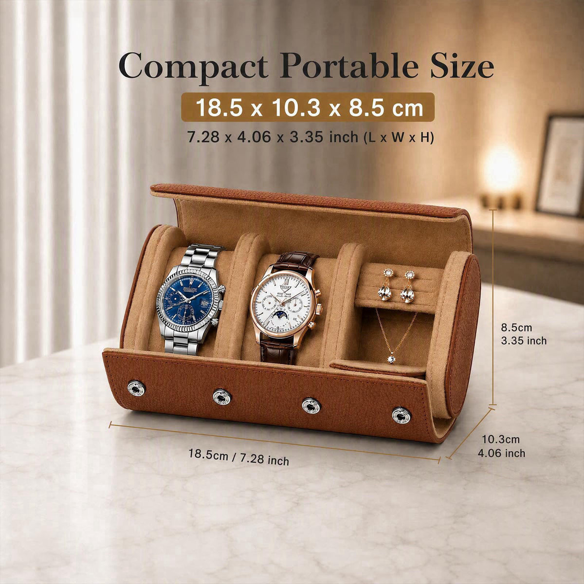 YMluky Travel Watch Cases, 2 Watch Slots Jewelry Box for Ring Necklace – close-up detail in Brown
