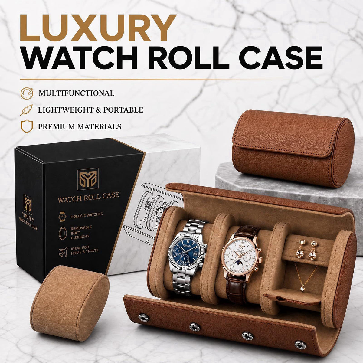YMluky Travel Watch Cases, 2 Watch Slots Jewelry Box for Ring Necklace – packaging and label