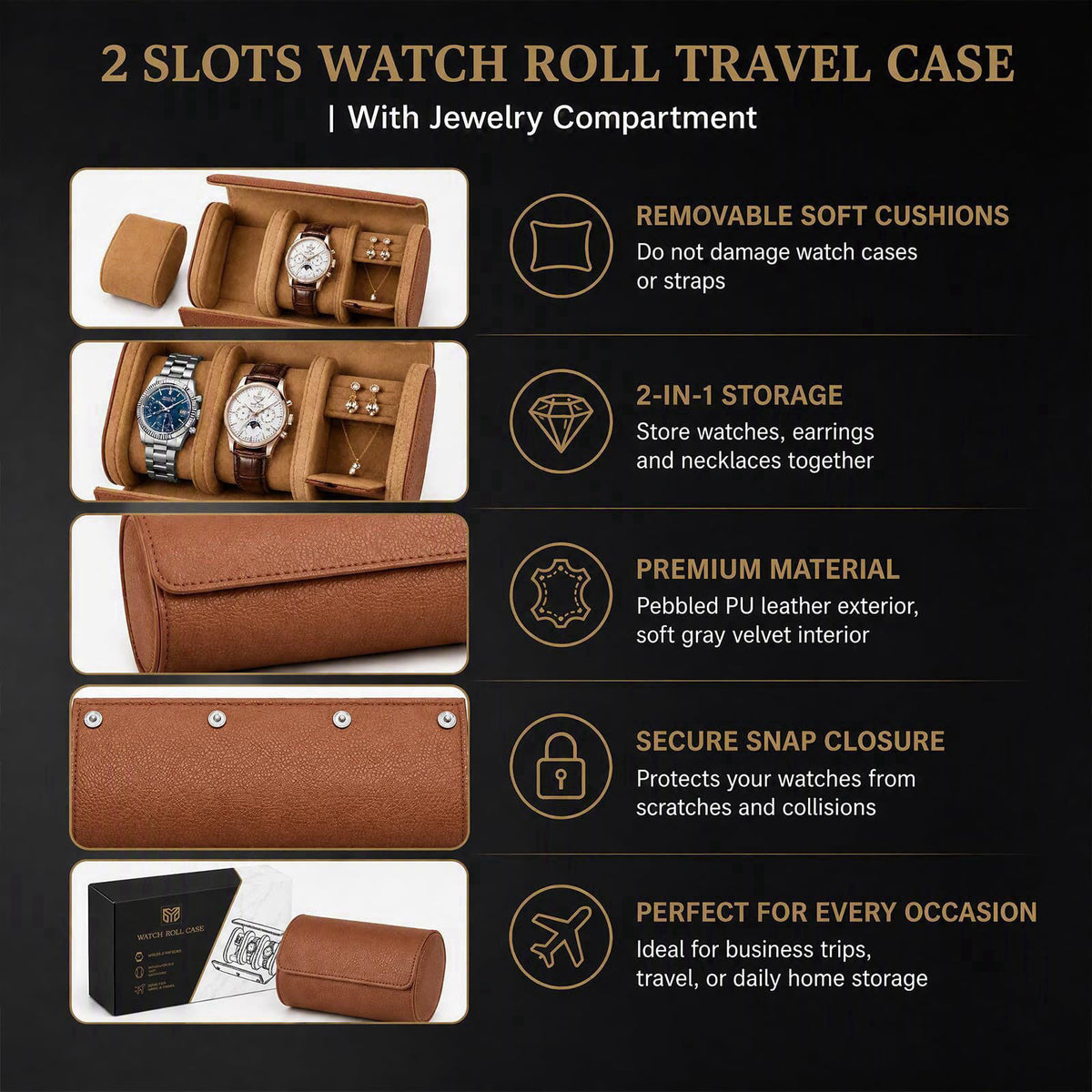 YMluky Travel Watch Cases, 2 Watch Slots Jewelry Box for Ring Necklace – full view