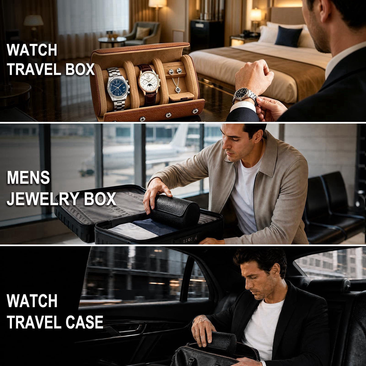 YMluky Travel Watch Cases, 2 Watch Slots Jewelry Box for Ring Necklace – back view and specifications