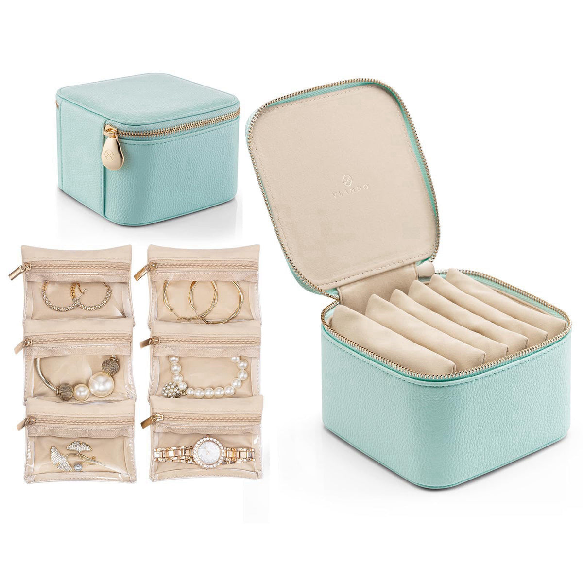 VLANDO Travel Jewelry Box Organizer with 6 Zippered Pouches, Aqua Blue