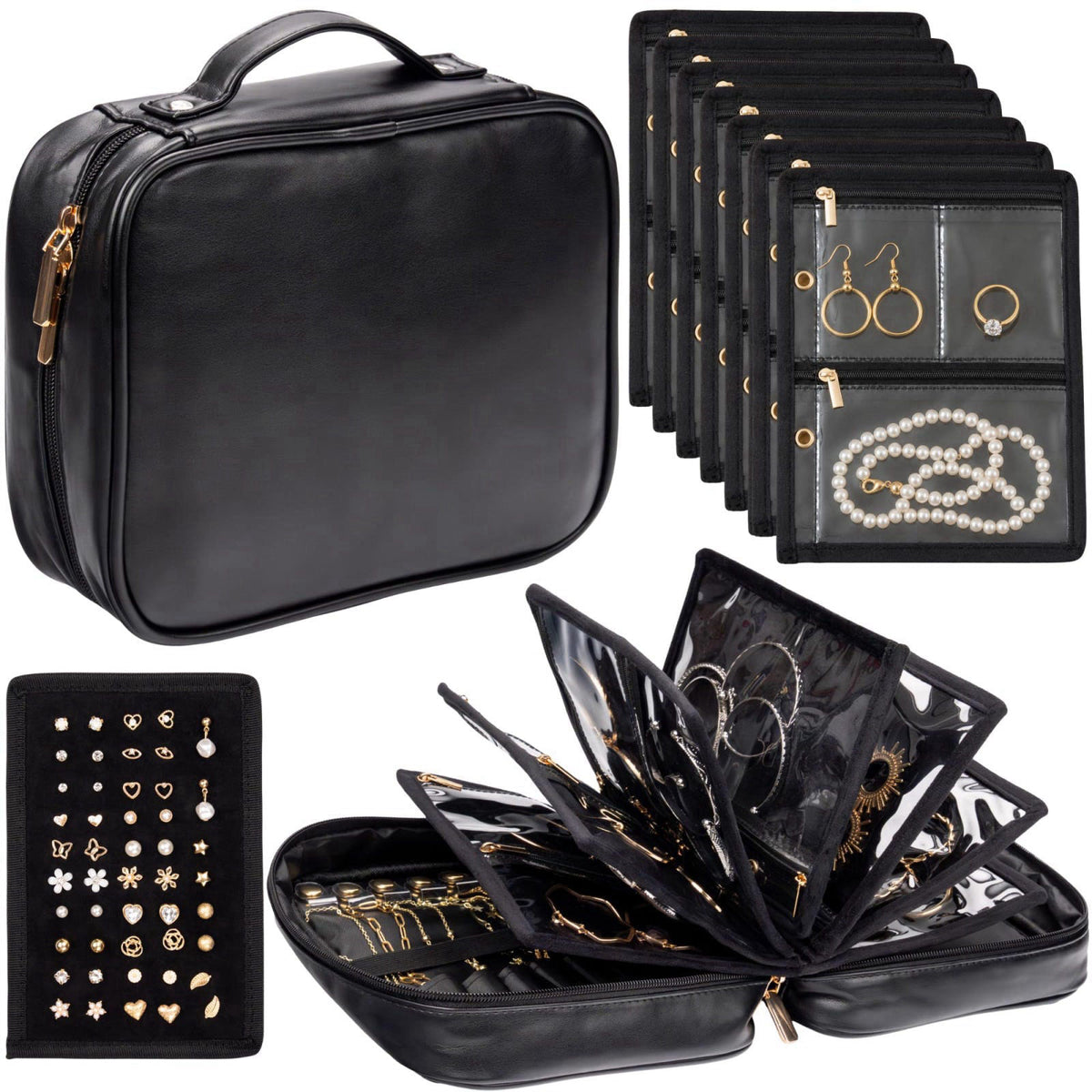 Placekeeper co. Travel Jewelry Organizer Case - Faux Leather Jewelry Organizer Bag with Binder Book Design - 7 Transpare