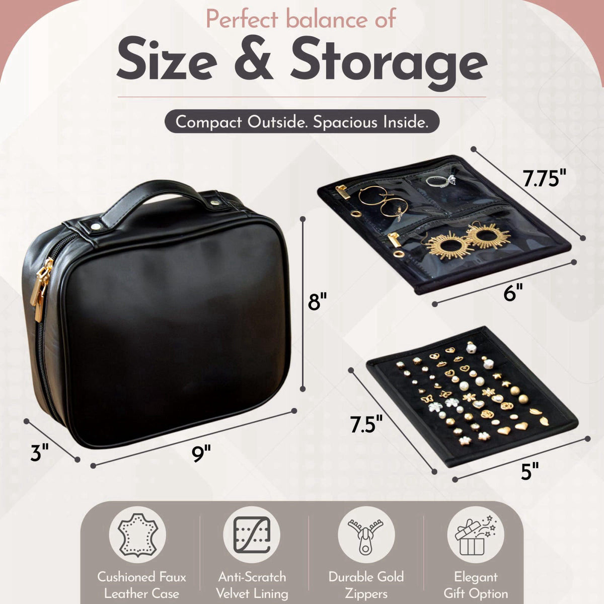 Placekeeper co. Travel Jewelry Organizer Case - Faux Leather Jewelry Organizer Bag with Binder Book Design - 7 Transpare