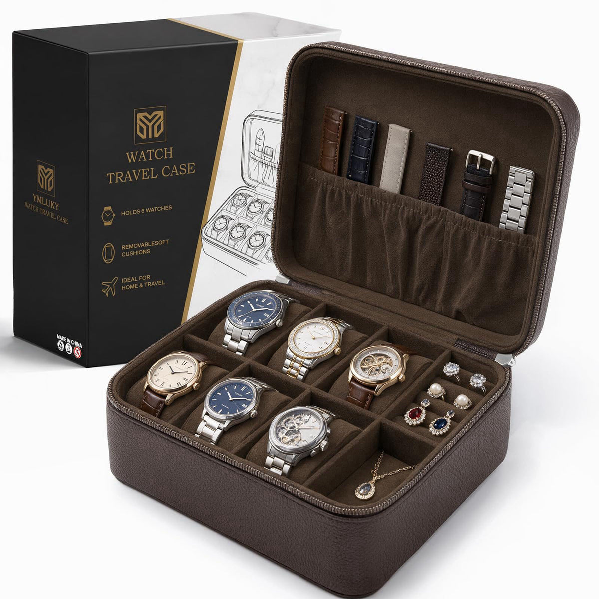 YMluky Watch Travel Case, Holds 6 Watches, Premium Dark Brown Leather – Dark Brown, Faux Leather, Velvet