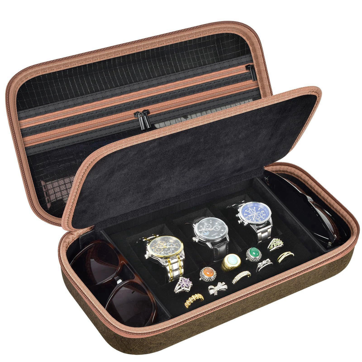 casmilee Watch Travel Case and Jewelry Organizer, 3 Watch Slots – Brown, Velvet (inner), Plastic/Metal (exterior)
