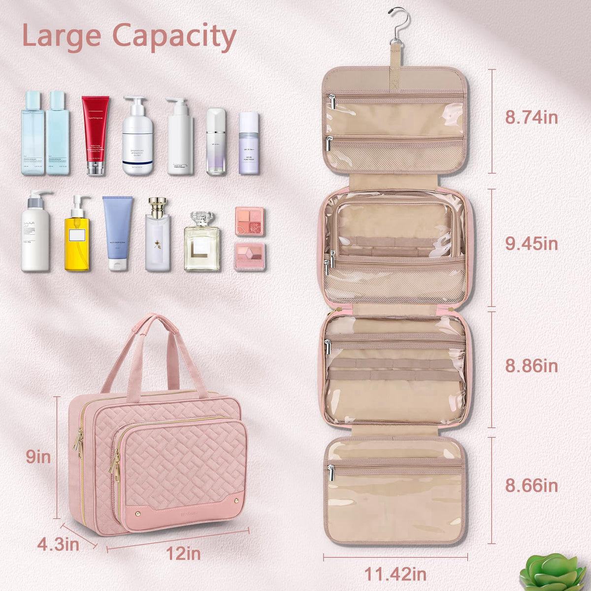 Wedama Toiletry Bag for Women, Hanging Travel Toiletry Bag with Jewelry Organizer Compartment Large Makeup Bag, PVC Wate