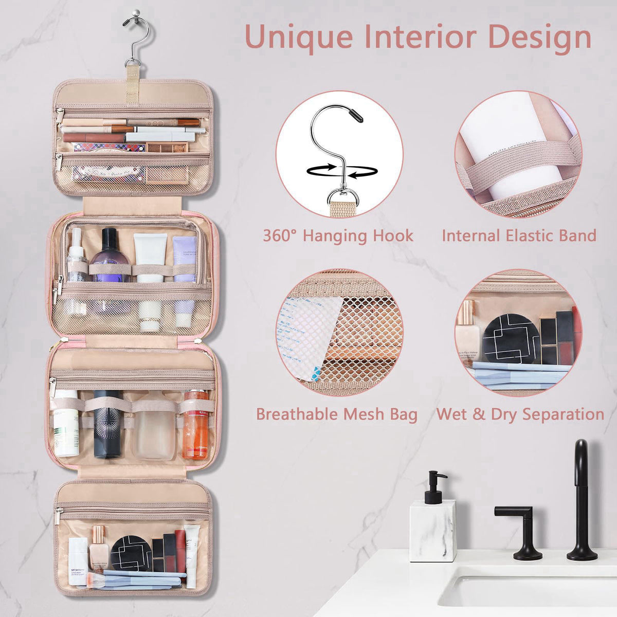Wedama Toiletry Bag for Women, Hanging Travel Toiletry Bag with Jewelry Organizer Compartment Large Makeup Bag, PVC Wate