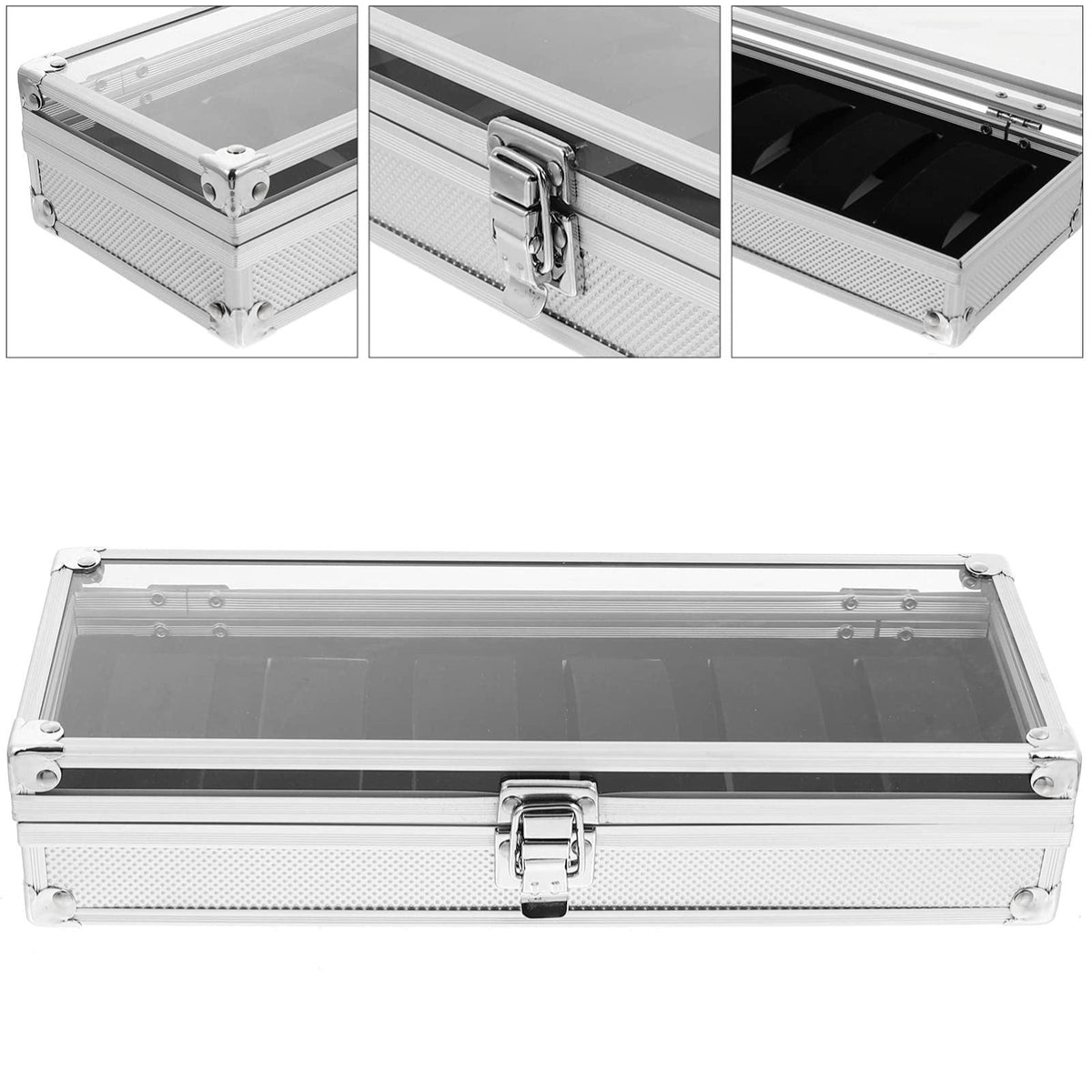 Cabilock Aluminium Watch Storage Box with Window, 6 Slot Silver – back view and specifications