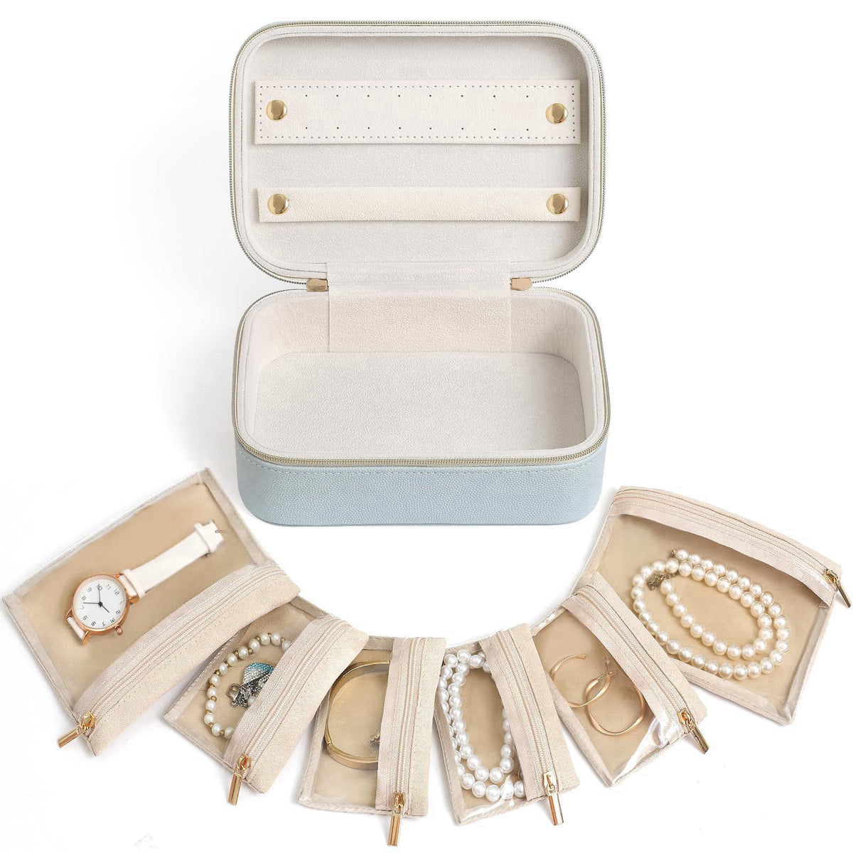 NGVRC Genuine Leather Travel Jewelry Organizer Case with 6 Zipper Bags for Women, Small Mini Portable Jewelry Box for Ri