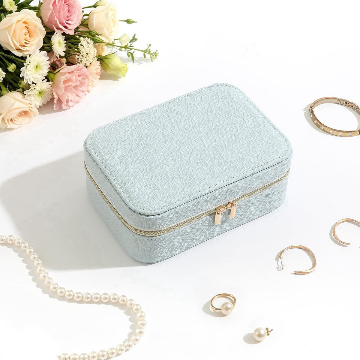NGVRC Genuine Leather Travel Jewelry Organizer Case with 6 Zipper Bags for Women, Small Mini Portable Jewelry Box for Ri