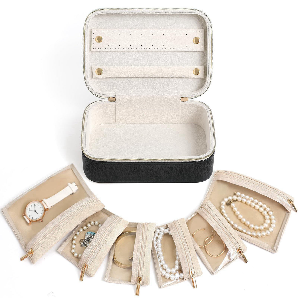 NGVRC Genuine Leather Travel Jewelry Organizer Case with 6 Zipper Bags for Women, Small Mini Portable Jewelry Box for Ri