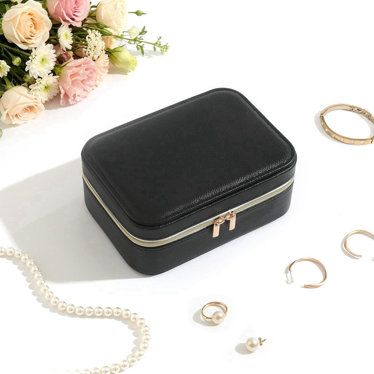 NGVRC Genuine Leather Travel Jewelry Organizer Case with 6 Zipper Bags for Women, Small Mini Portable Jewelry Box for Ri
