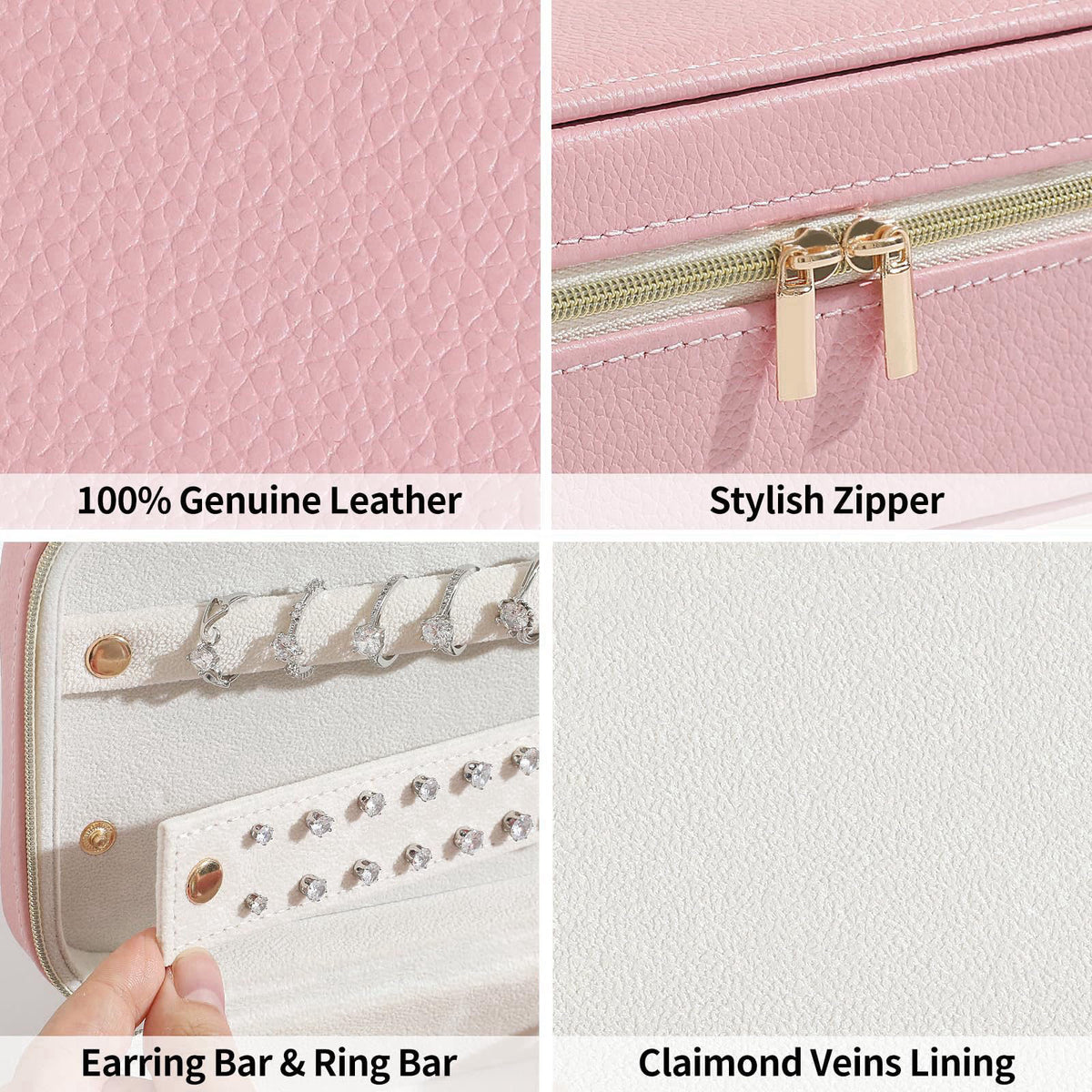 NGVRC Genuine Leather Travel Jewelry Organizer Case with 6 Zipper Bags for Women, Small Mini Portable Jewelry Box for Ri