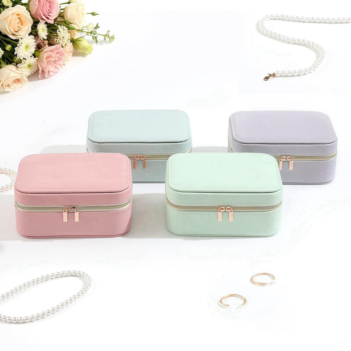 NGVRC Genuine Leather Travel Jewelry Organizer Case with 6 Zipper Bags for Women, Small Mini Portable Jewelry Box for Ri