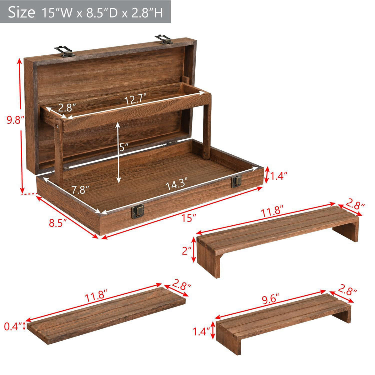 MOOCA 3-Tier Portable Wooden Jewelry Display Risers Carrying Case – packaging and label