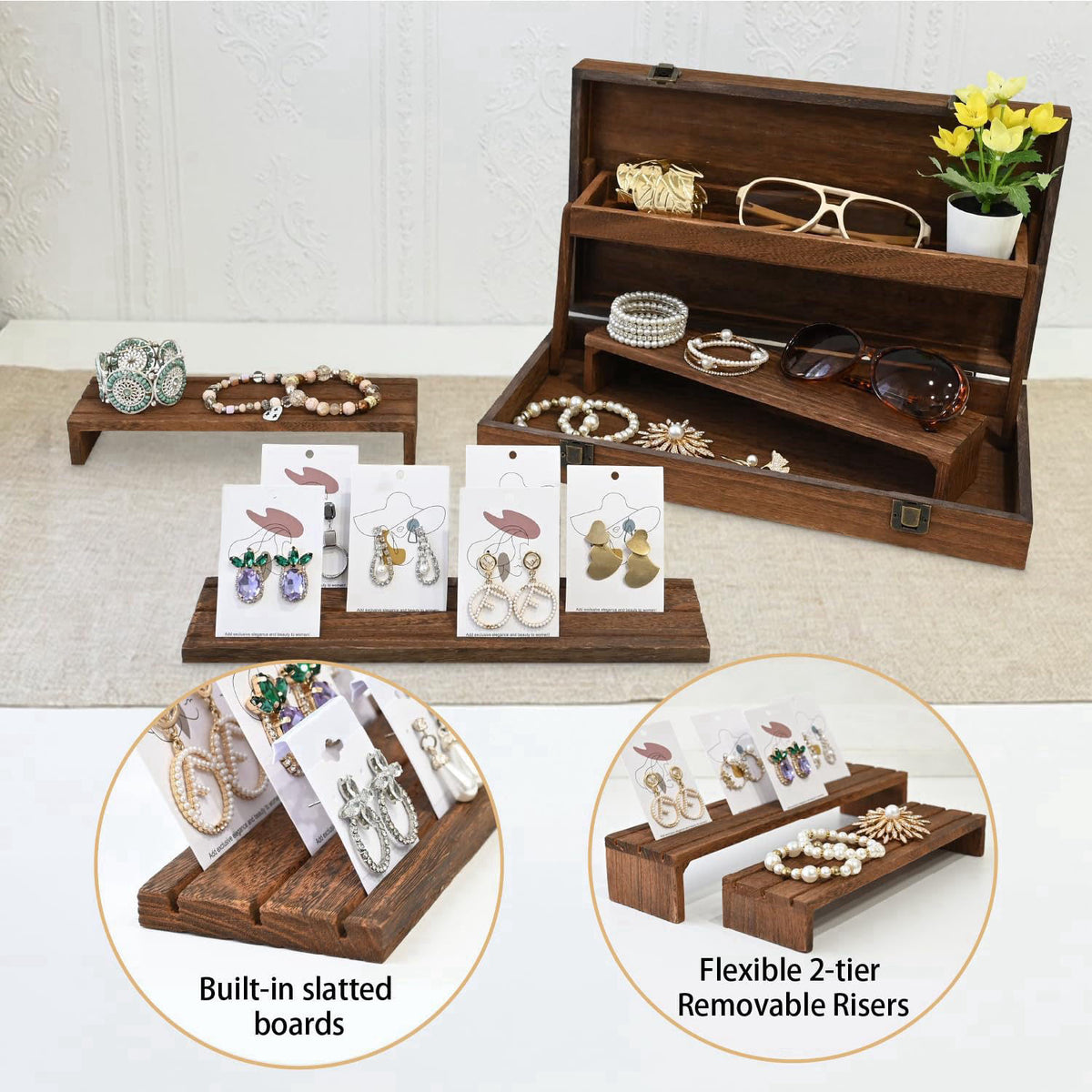 MOOCA 3-Tier Portable Wooden Jewelry Display Risers Carrying Case – full view, size Wood; featuring overall dimensions o