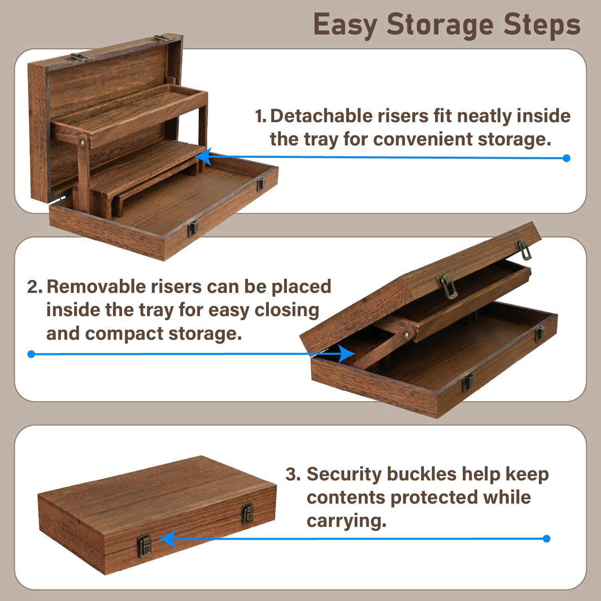 MOOCA 3-Tier Portable Wooden Jewelry Display Risers Carrying Case – back view and specifications