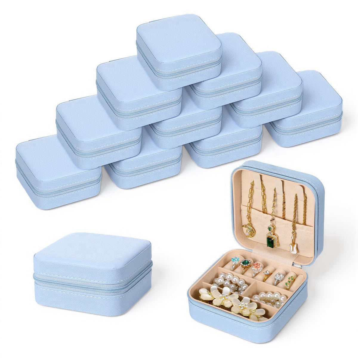 moheaaei 12 Pcs Mini Jewelry Box Travel, Mini Blue Jewelry Box Organizer - Portable PU Leather Case for Rings, Earrings,