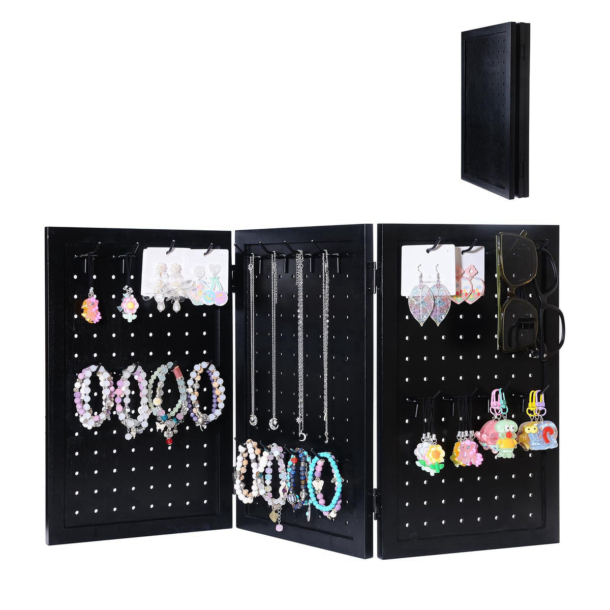 humberboat Wooden Jewelry Display Organizer with 24 Removable Black Metal Hooks