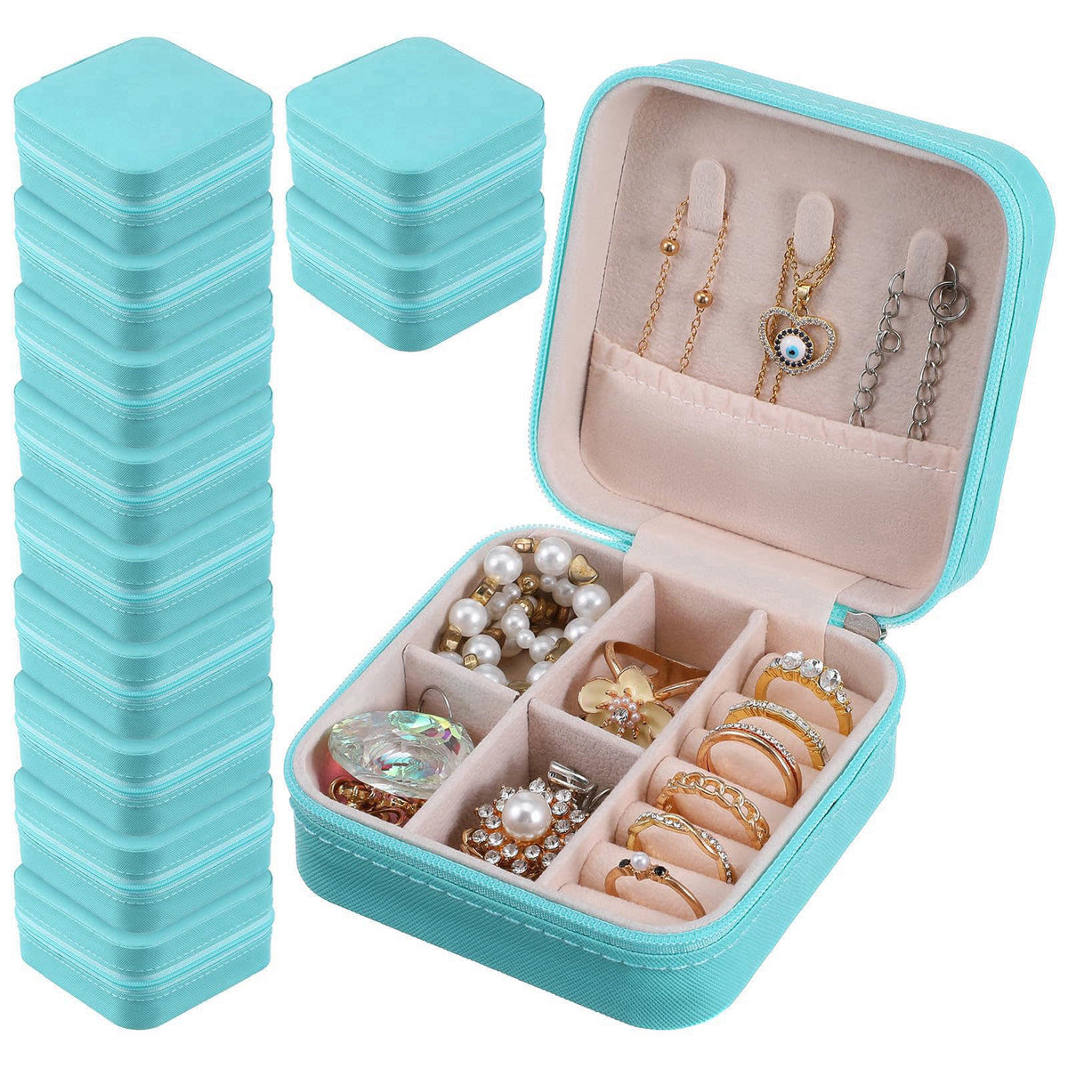 xozeooeu 12 Pack Small Jewelry Boxes for Travel, Blue PU Leather Mini Jewelry Organizer Case with Removable Dividers, Br