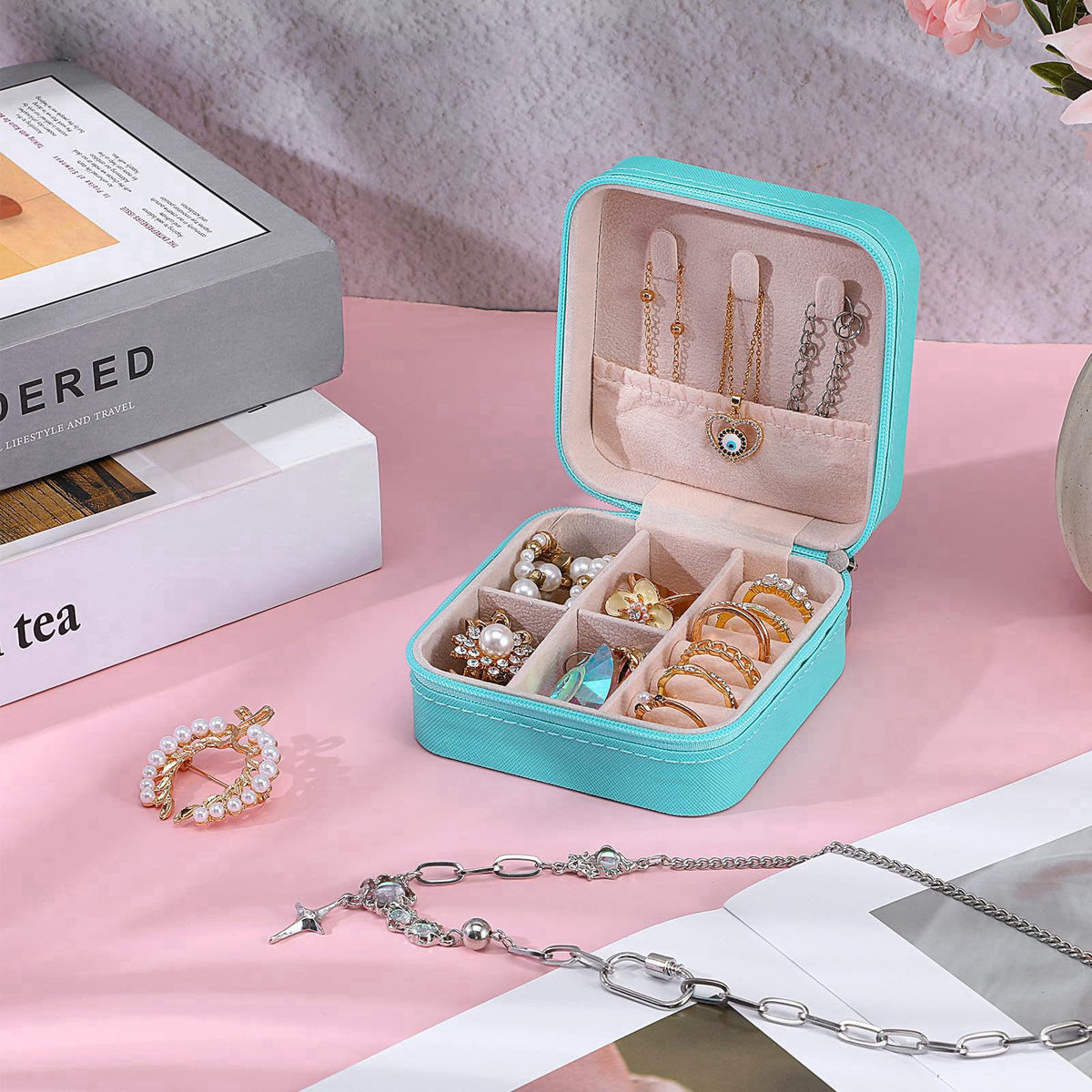 xozeooeu 12 Pack Small Jewelry Boxes for Travel, Blue PU Leather Mini Jewelry Organizer Case with Removable Dividers, Br