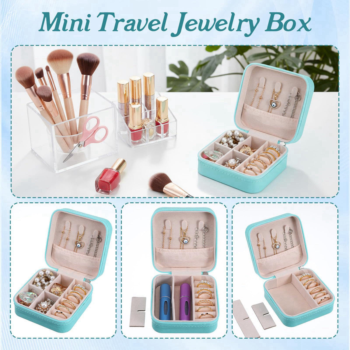xozeooeu 12 Pack Small Jewelry Boxes for Travel, Blue PU Leather Mini Jewelry Organizer Case with Removable Dividers, Br