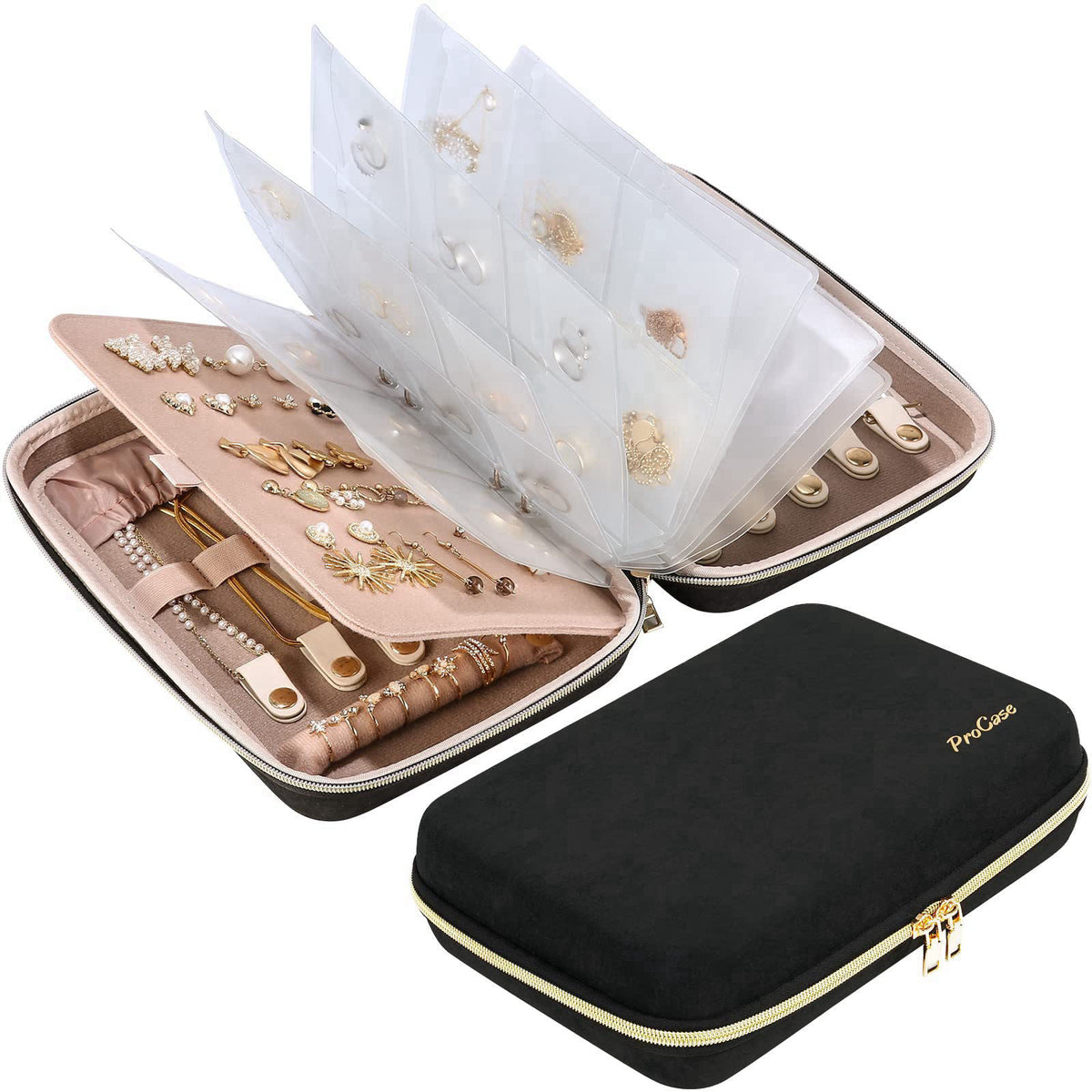 ProCase Large Travel Jewelry Organizer Case, Jewellery Home Storage Book Ring Binder with Clear Pockets for Presentation