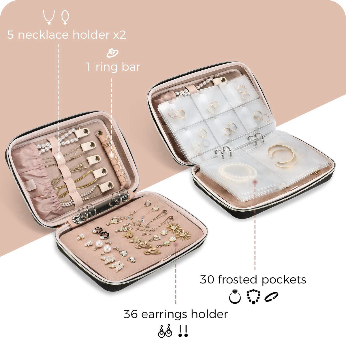 ProCase Large Travel Jewelry Organizer Case, Jewellery Home Storage Book Ring Binder with Clear Pockets for Presentation