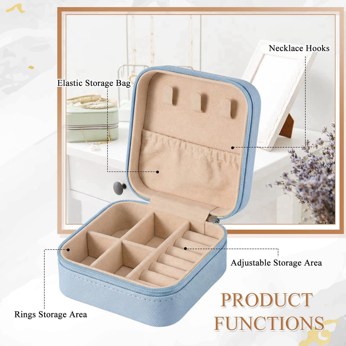 Juinte 6 Pcs Small Jewelry Box, Portable Travel Case PU Leather Organizer – packaging and label