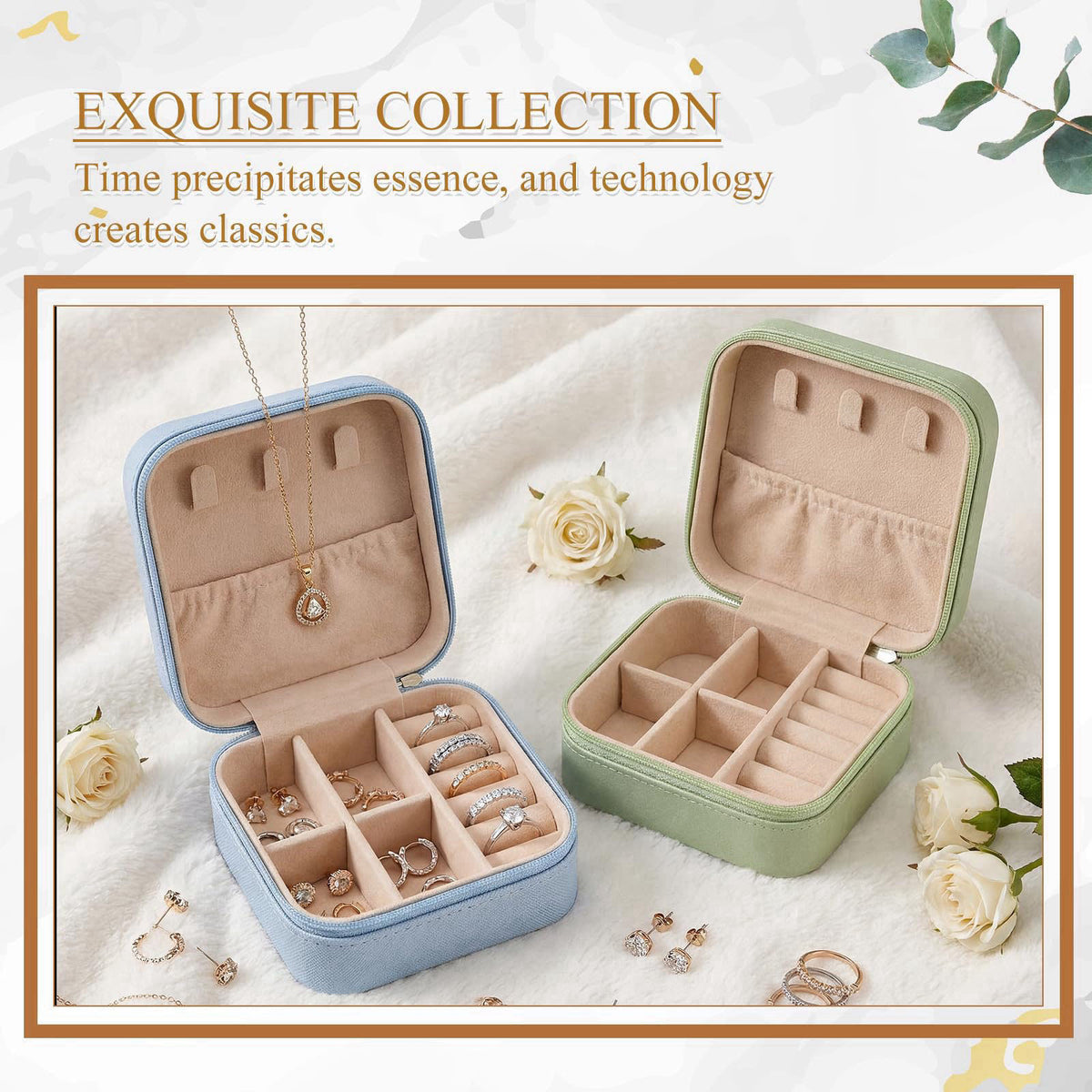 Juinte 6 Pcs Small Jewelry Box, Portable Travel Case PU Leather Organizer – back view and specifications