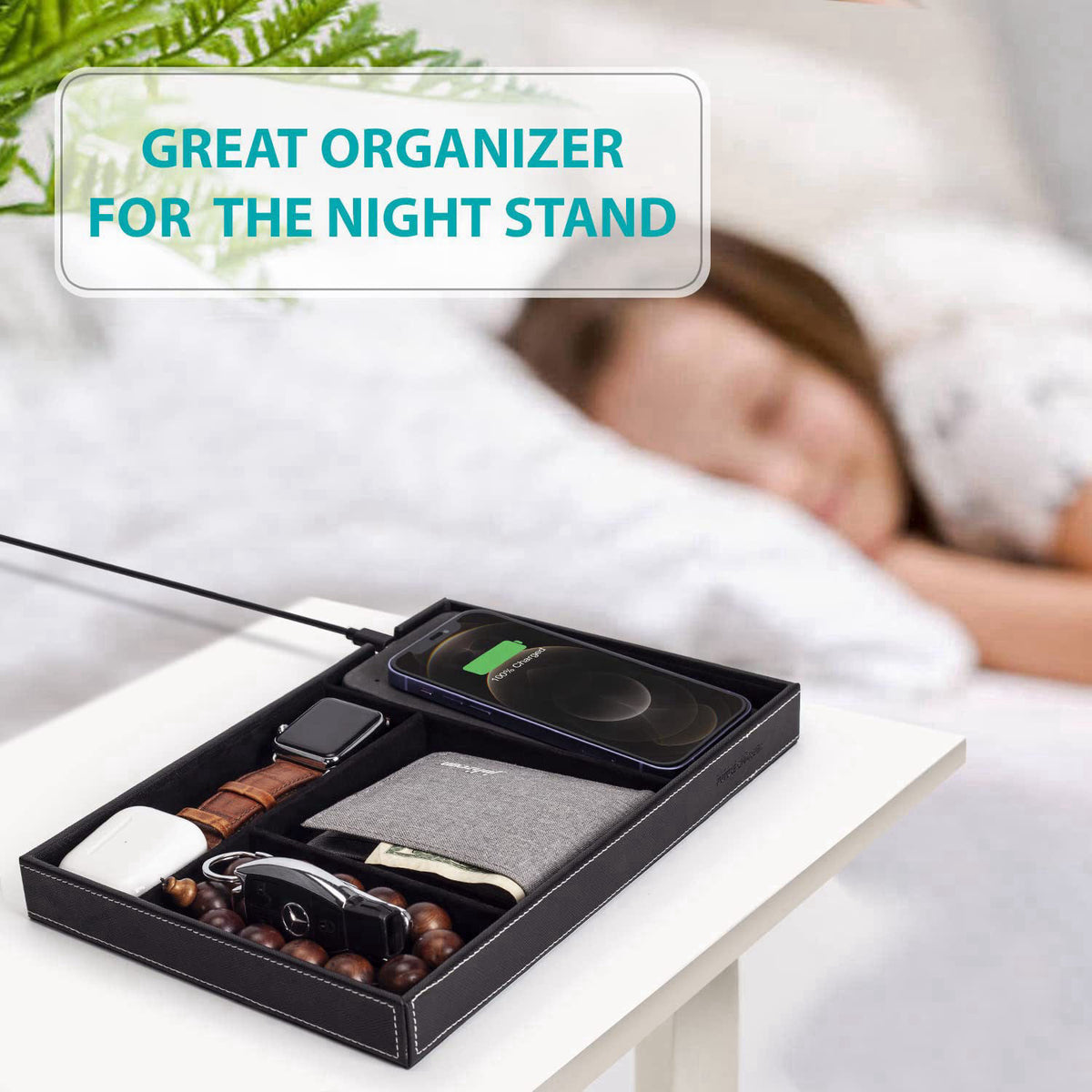 wireless future charger Valet Tray, Built in Wireless Charging Pad, Nightstand Organizer – packaging and label