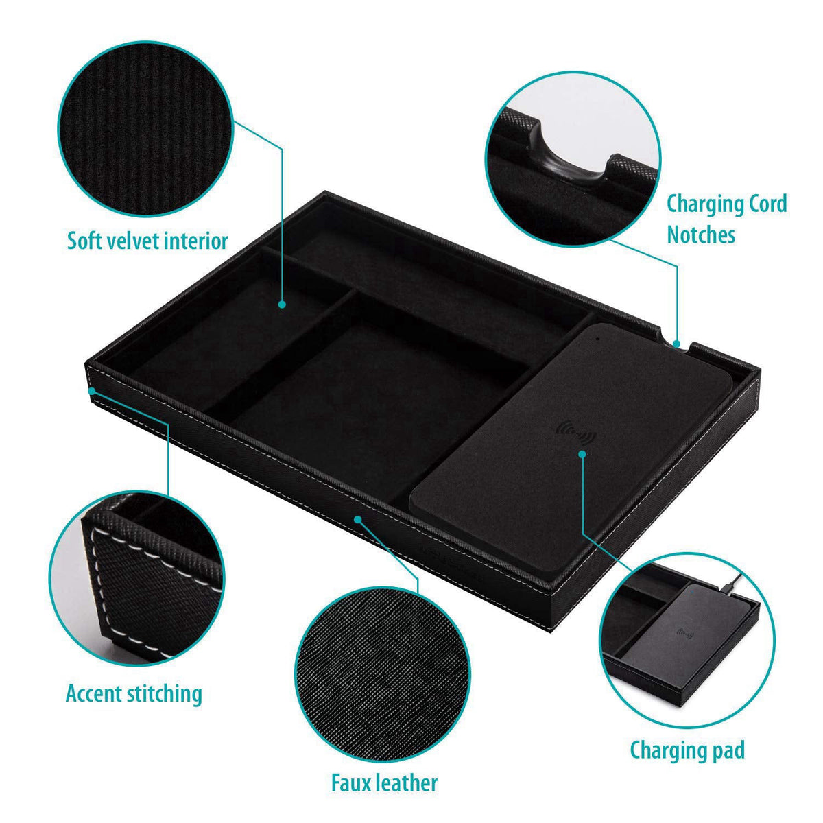 wireless future charger Valet Tray, Built in Wireless Charging Pad, Nightstand Organizer – full view