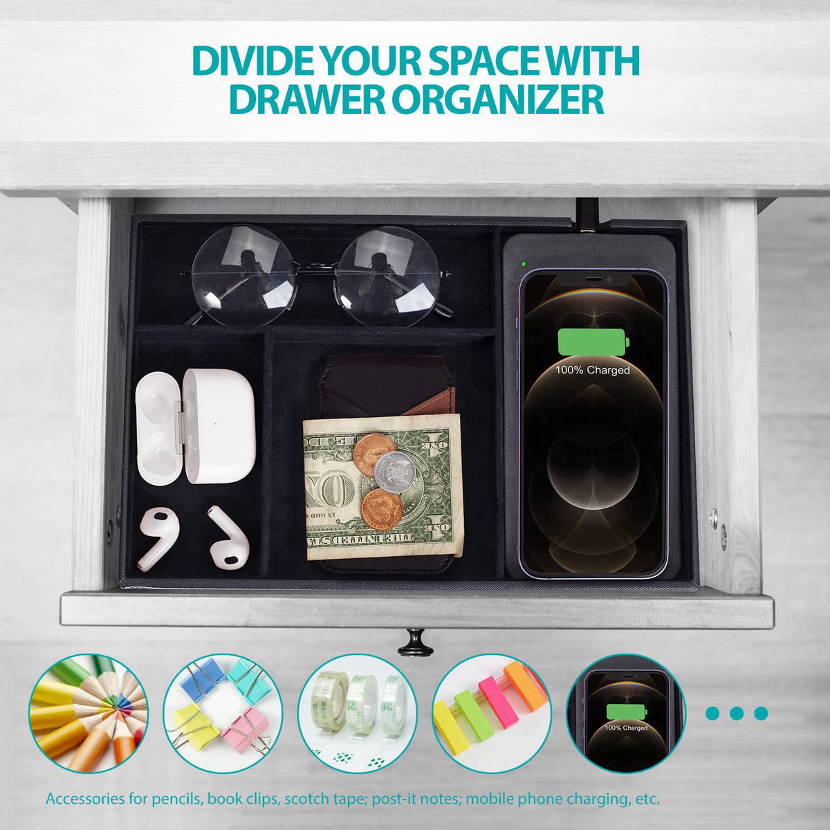 wireless future charger Valet Tray, Built in Wireless Charging Pad, Nightstand Organizer – back view and specifications