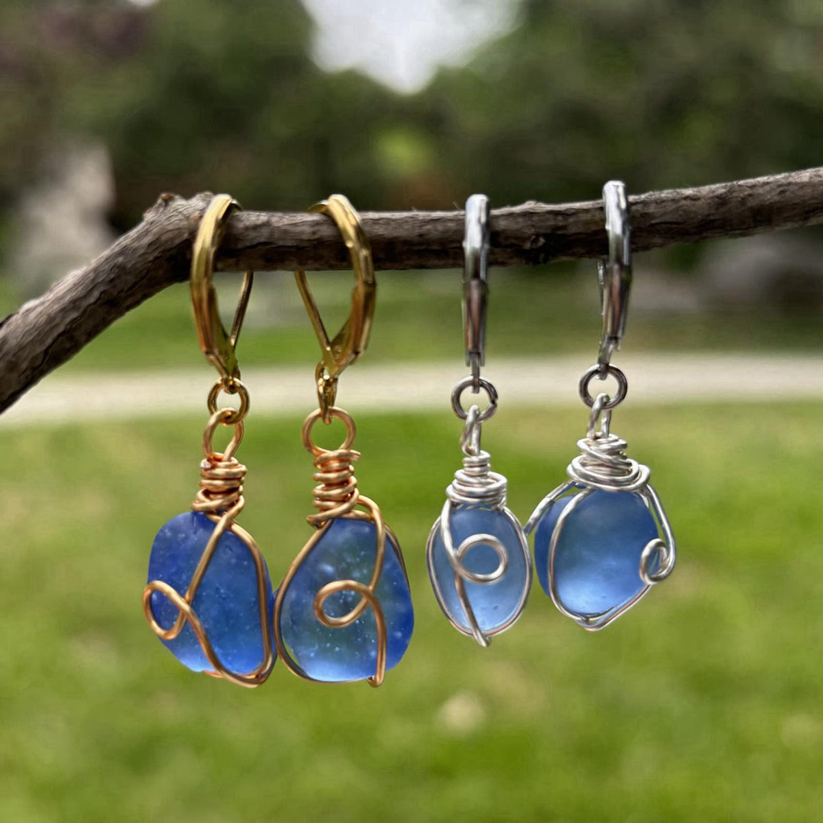 PEPELUALI Handmade Sea Glass Wire Wrap Drop Earrings Jewelry ，Beach Earrings, Summer Gift, Ocean Jewelry Inspirational G