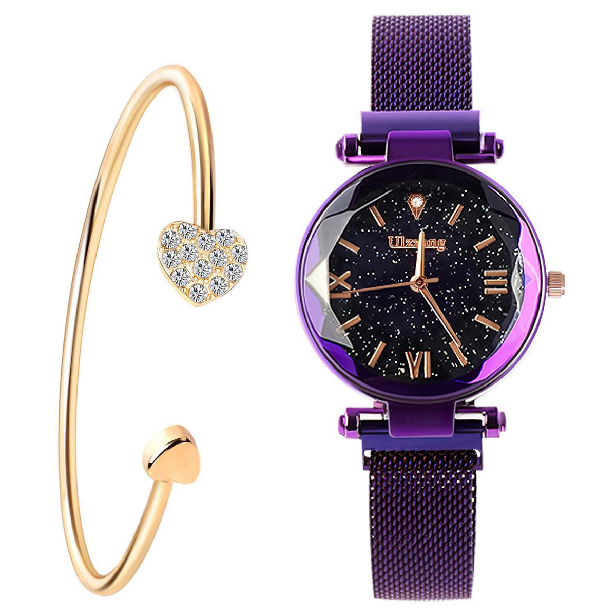 FUNGORGT Luxury Quartz Starry Sky Dial Ladies Wrist Watches,Magnetic Mesh Band Watch and Bracelet Set… – Purple