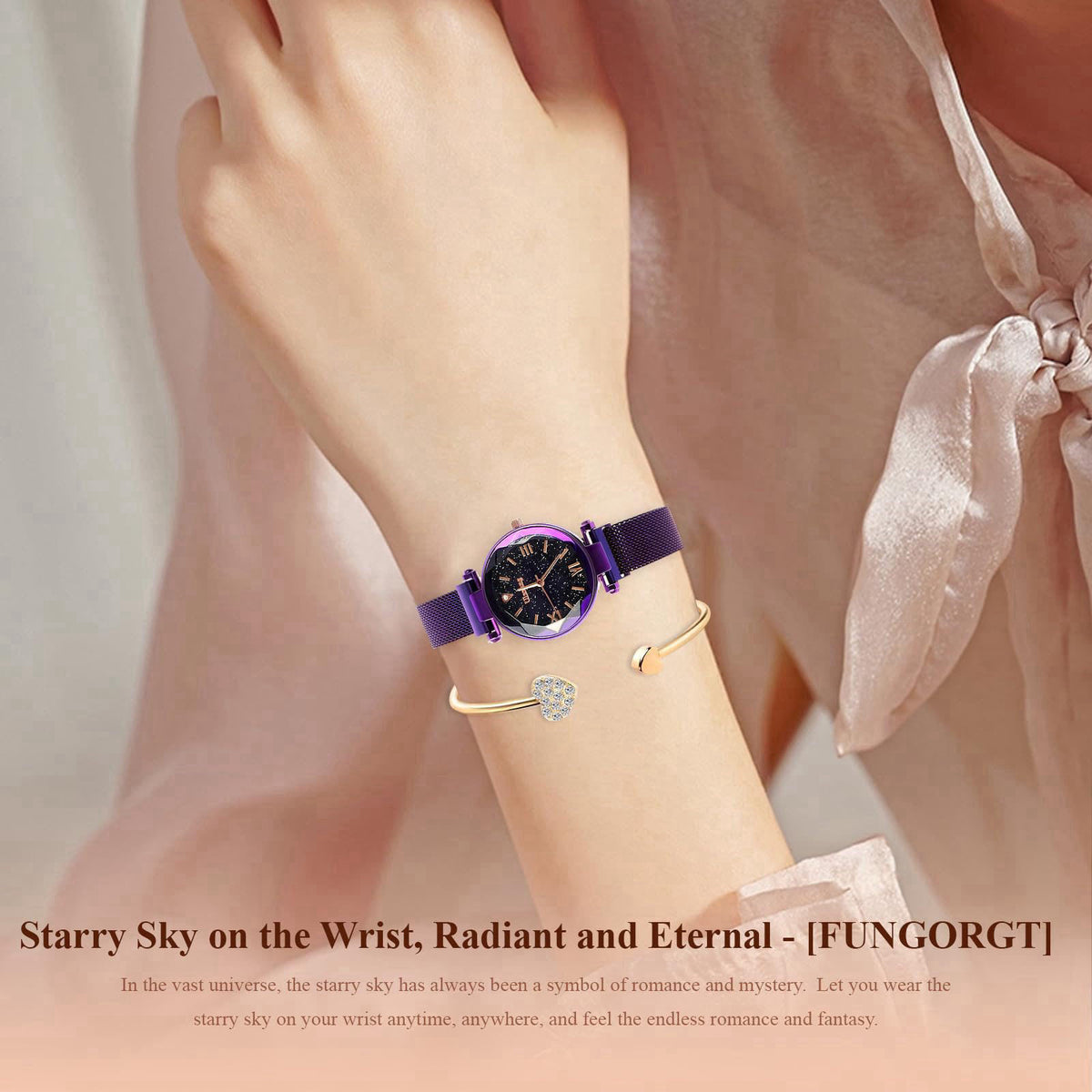 FUNGORGT Luxury Quartz Starry Sky Dial Ladies Wrist Watches,Magnetic Mesh Band Watch and Bracelet Set… – full view