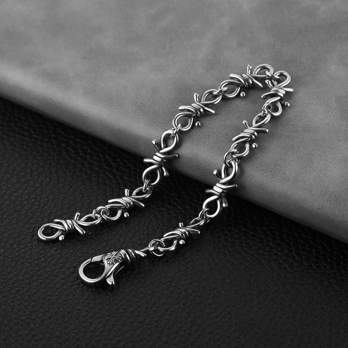 HZMAN Barbed Wire Bracelet for Men Biker Gothic Punk Stainless Steel Link Bracelet Jewelry Gift – full view, size 8.5in