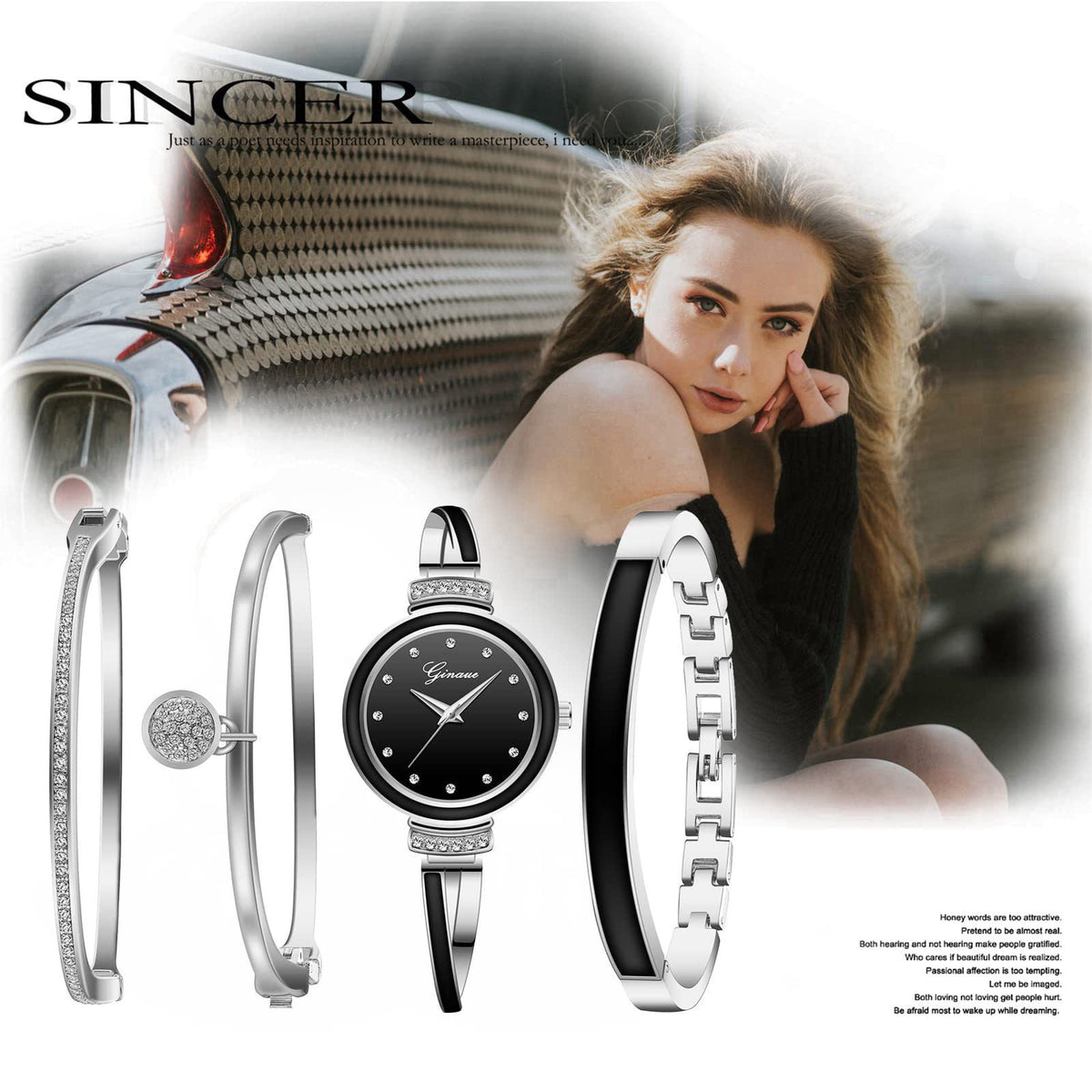Avaner Bangle Watch and Bracelet Set, 4 Pcs Wrist Watch Bracelet Set Elegante Watch for Women – full view