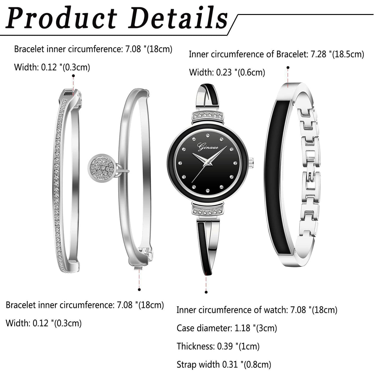 Avaner Bangle Watch and Bracelet Set, 4 Pcs Wrist Watch Bracelet Set Elegante Watch for Women – back view and specificat