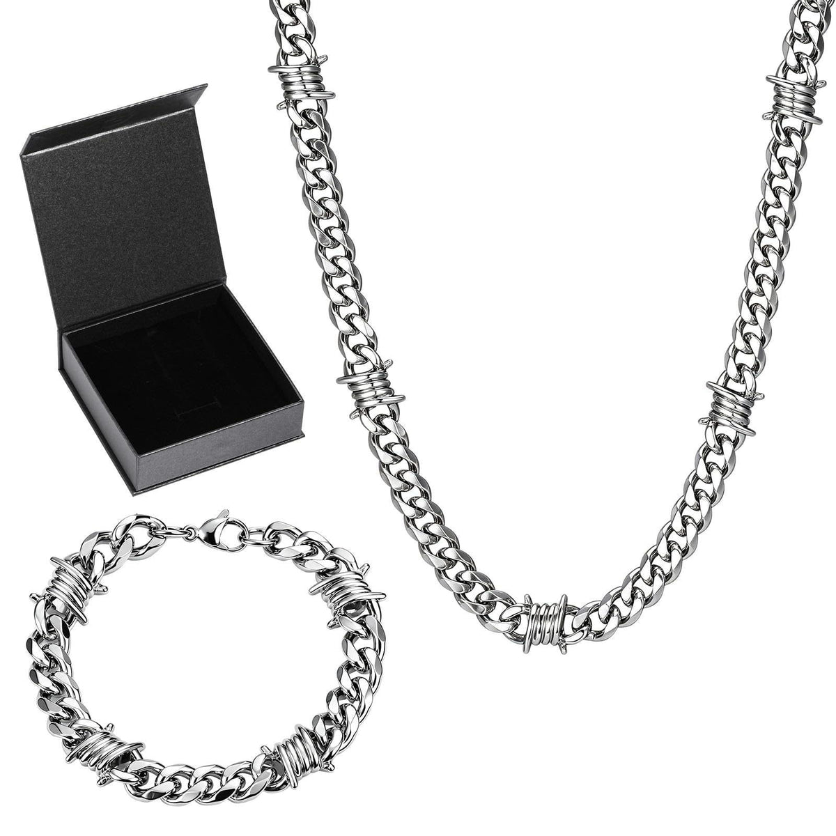 Kigeli Barbed Wire Necklace and Bracelet Set with Jewelry Box, 9mm – silver, Stainless steel 304