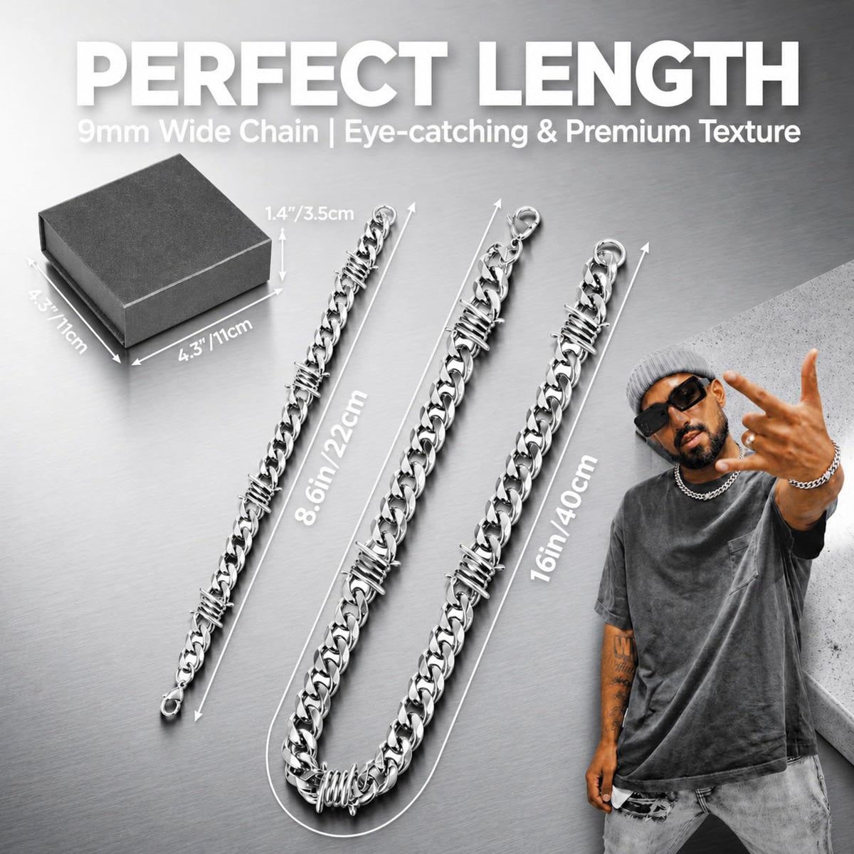 Kigeli Barbed Wire Necklace and Bracelet Set with Jewelry Box, 9mm – close-up detail in silver