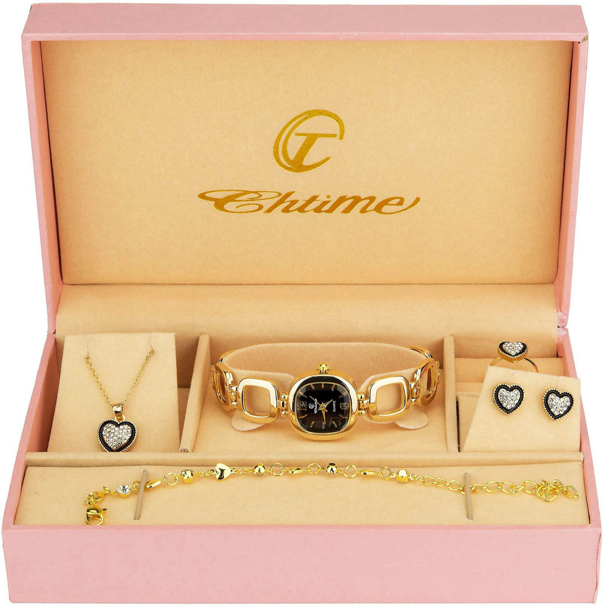 BELLOS Gift Set Women's Watch Black - jewelry Set- Necklace-Ring- Earrings - Band – packaging and label