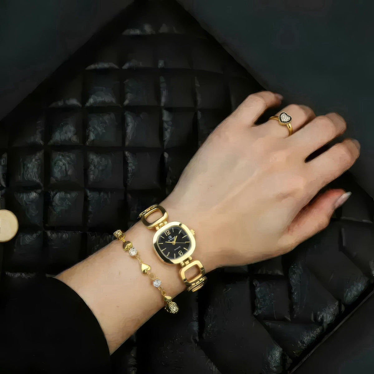 BELLOS Gift Set Women's Watch Black - jewelry Set- Necklace-Ring- Earrings - Band – back view and specifications