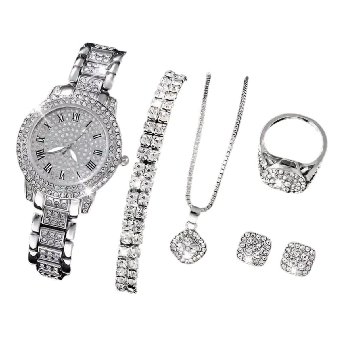 OLALACLAYCO Rhinestone Watch Jewelry Set with Necklace, Bracelet, Ring, Earrings, Hip Hop Style, 6 Pieces – product phot