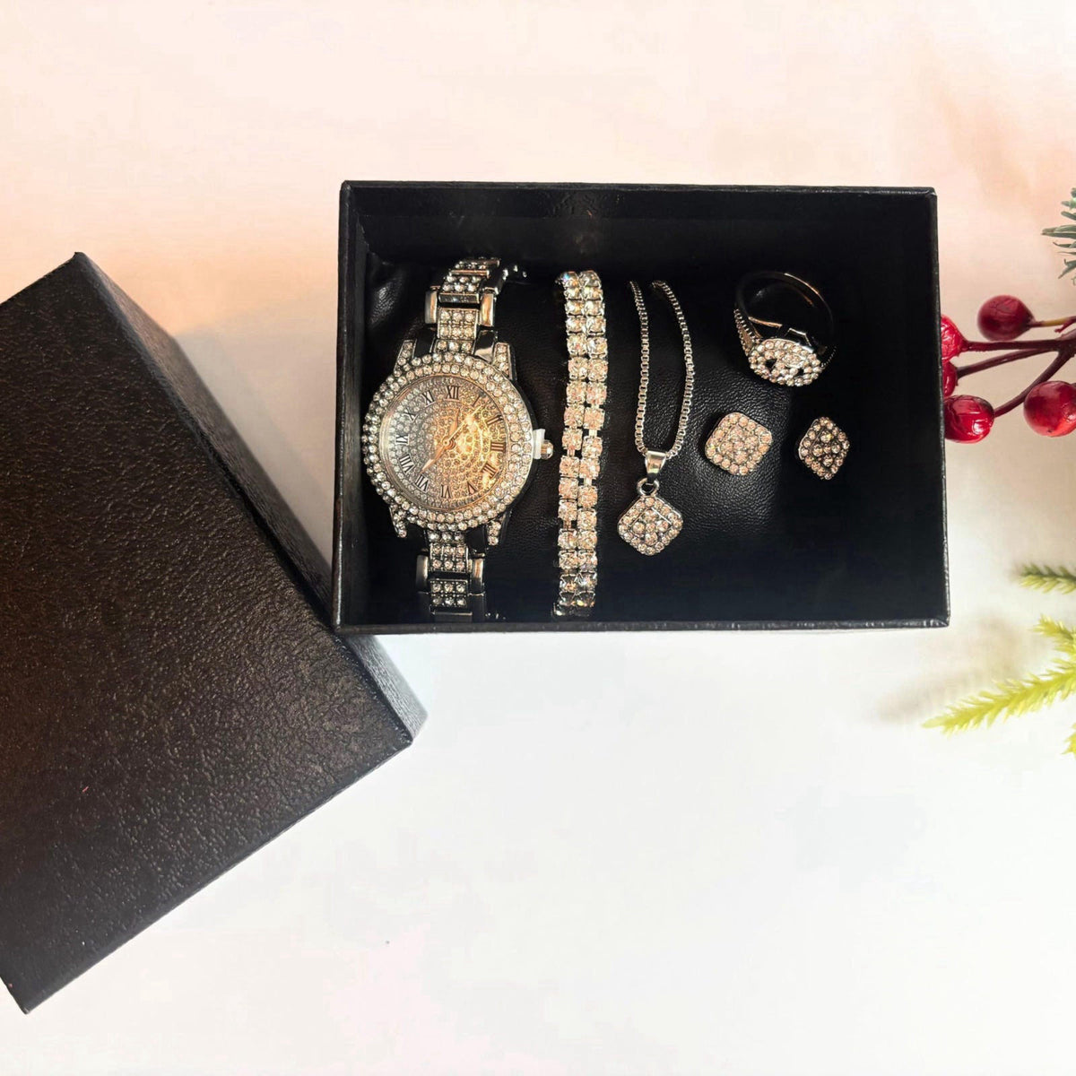 OLALACLAYCO Rhinestone Watch Jewelry Set with Necklace, Bracelet, Ring, Earrings, Hip Hop Style, 6 Pieces – packaging an
