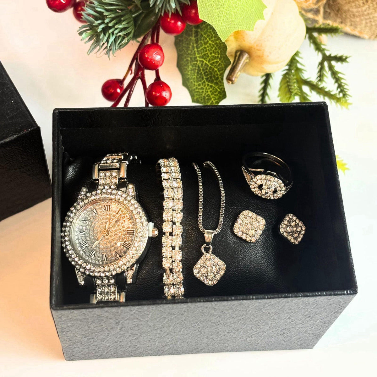 OLALACLAYCO Rhinestone Watch Jewelry Set with Necklace, Bracelet, Ring, Earrings, Hip Hop Style, 6 Pieces – full view