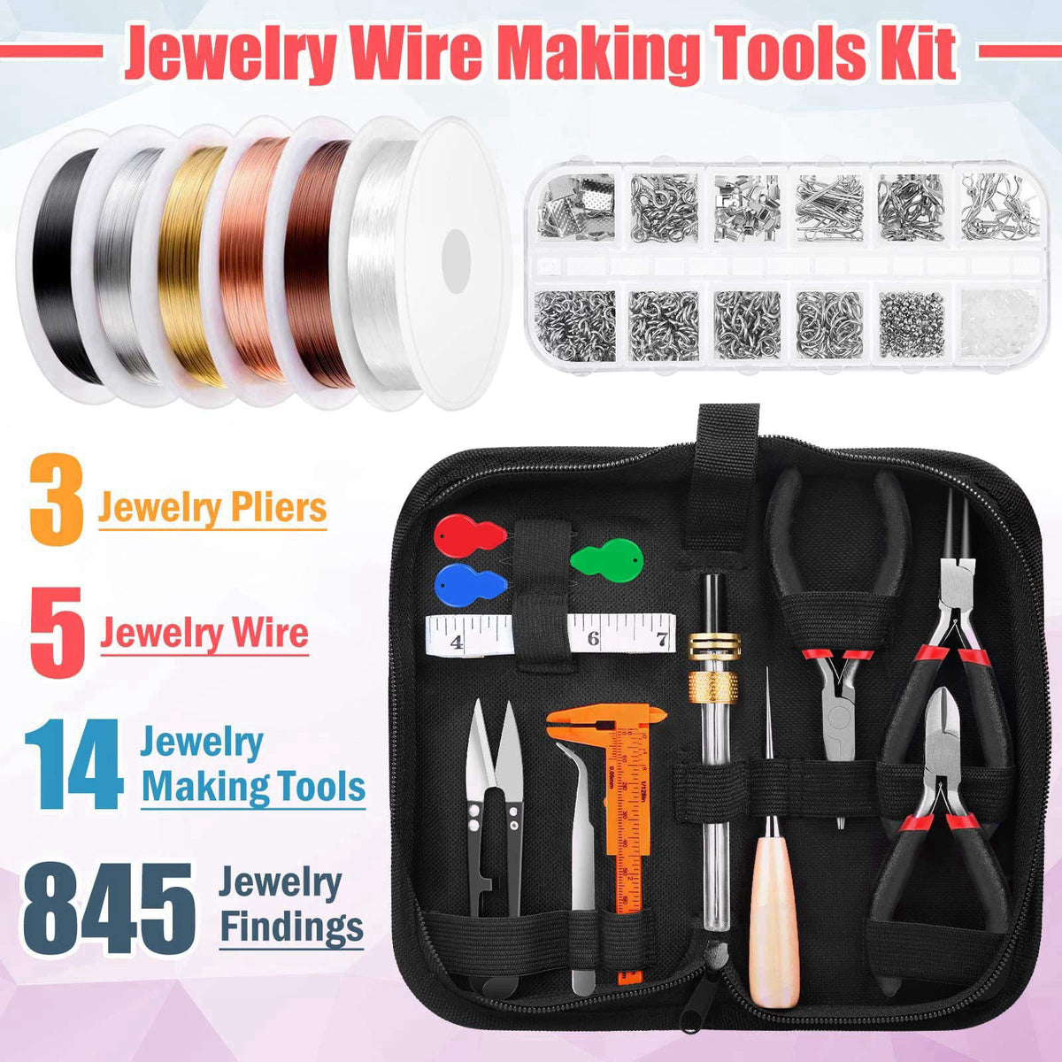 Thrilez Wire Wrapping for Jewelry Making, Repair and Beading Supplies Kit with Craft Ring Wire, Tools, Pliers and Jewelr